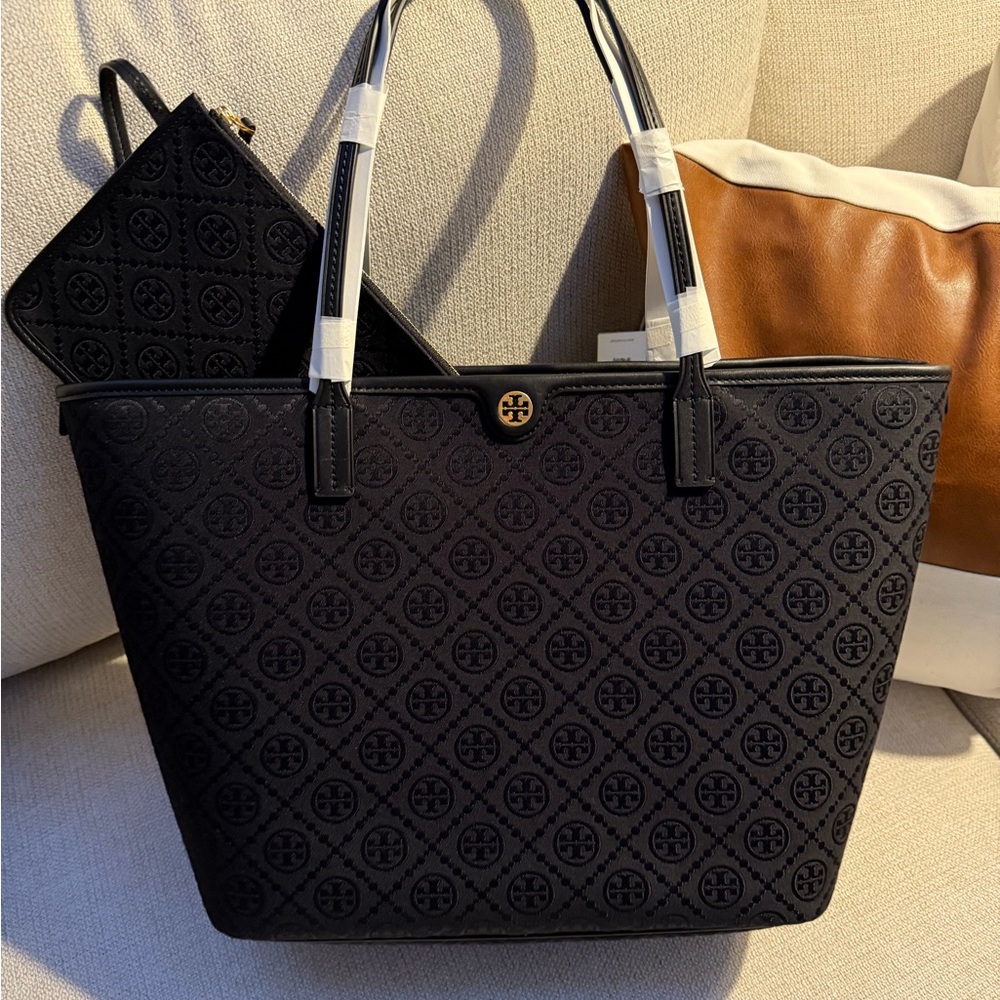 Tory Burch Black Patterned Tote with Pouch
